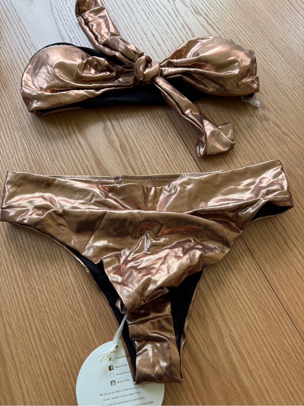 Metallic Bronze Bandeau Bikini Set with Tie Front